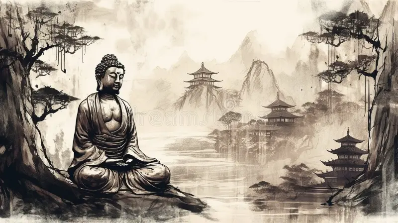Student learning martial arts philosophy through training.painting buddha wallpaper (Tai Chi)