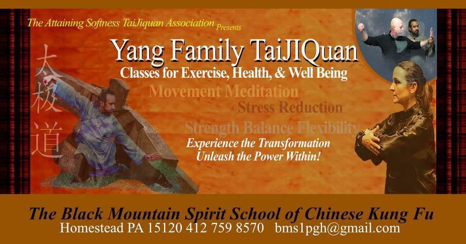 A banner showing Master Black and his assistant performing Tai Chi/TaiJi movements. A banner showing Master Black and his assistant performing Tai Chi/TaiJi movements. The text describes benefits and gives contact information.
