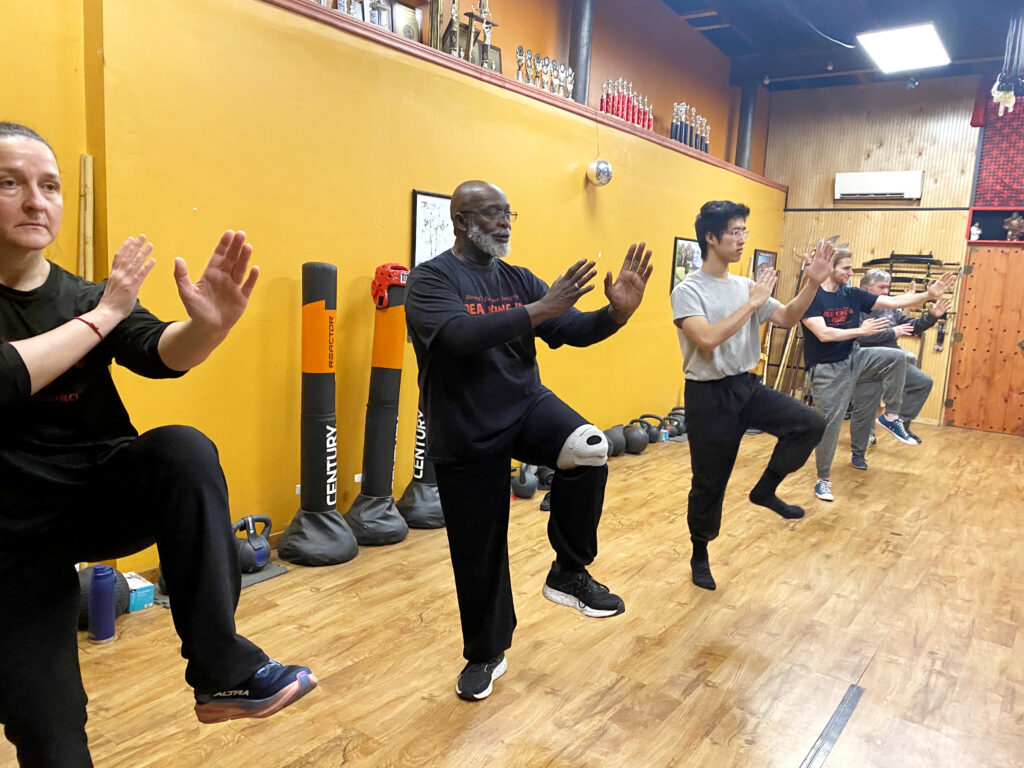 Adult martial arts students practicing balance and posture training at Black Mountain Spirit Pittsburgh.